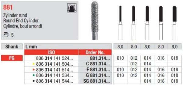 Diamant bor 881 FG 010, 5 stk. Sylinder rund ende, standard