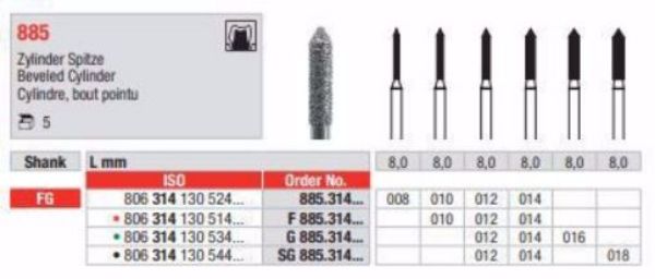 Diamant bor 885 FG 016, 5 stk. Sylinder spiss, standard