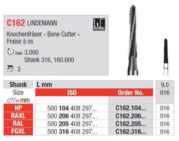 Kirurgisk bor C162 HP 016, 3 stk. Lindemann ben freser