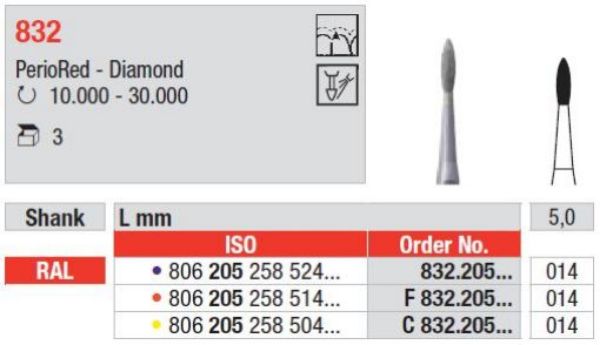 PerioRed Diamant bor F832 RAL 014, 3 stk. PerioRed Diamant, fin, rød ring