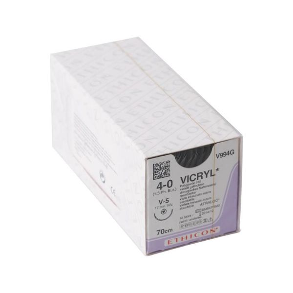 Sutur V994G vicryltråd 4-0 70cm lilla V5 nål, (17,4mm) rund, skjærende spiss 12x
