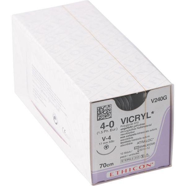 Sutur V240G vicryltråd 4-0 70cm natur V4 nål, (16,8mm) rund, skjærende spiss 12x