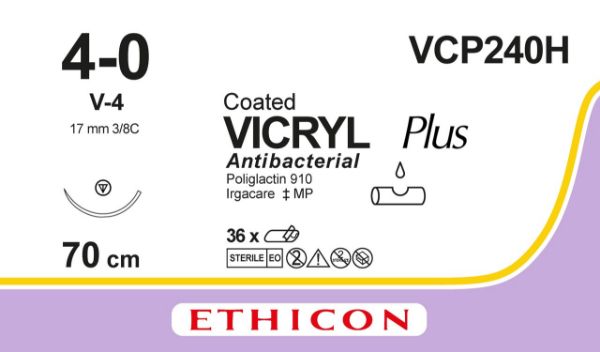 Vicryl Plus sutur 4-0 V-4 needle, 70 cm VCP240H, 36 stk